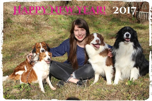 犬と一緒に新年を祝う幸せな瞬間を捉えた写真です。.