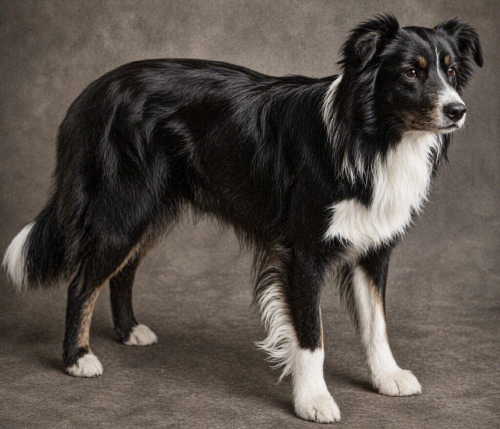 黒と白の毛色のボーダーコリー犬の全身写真.